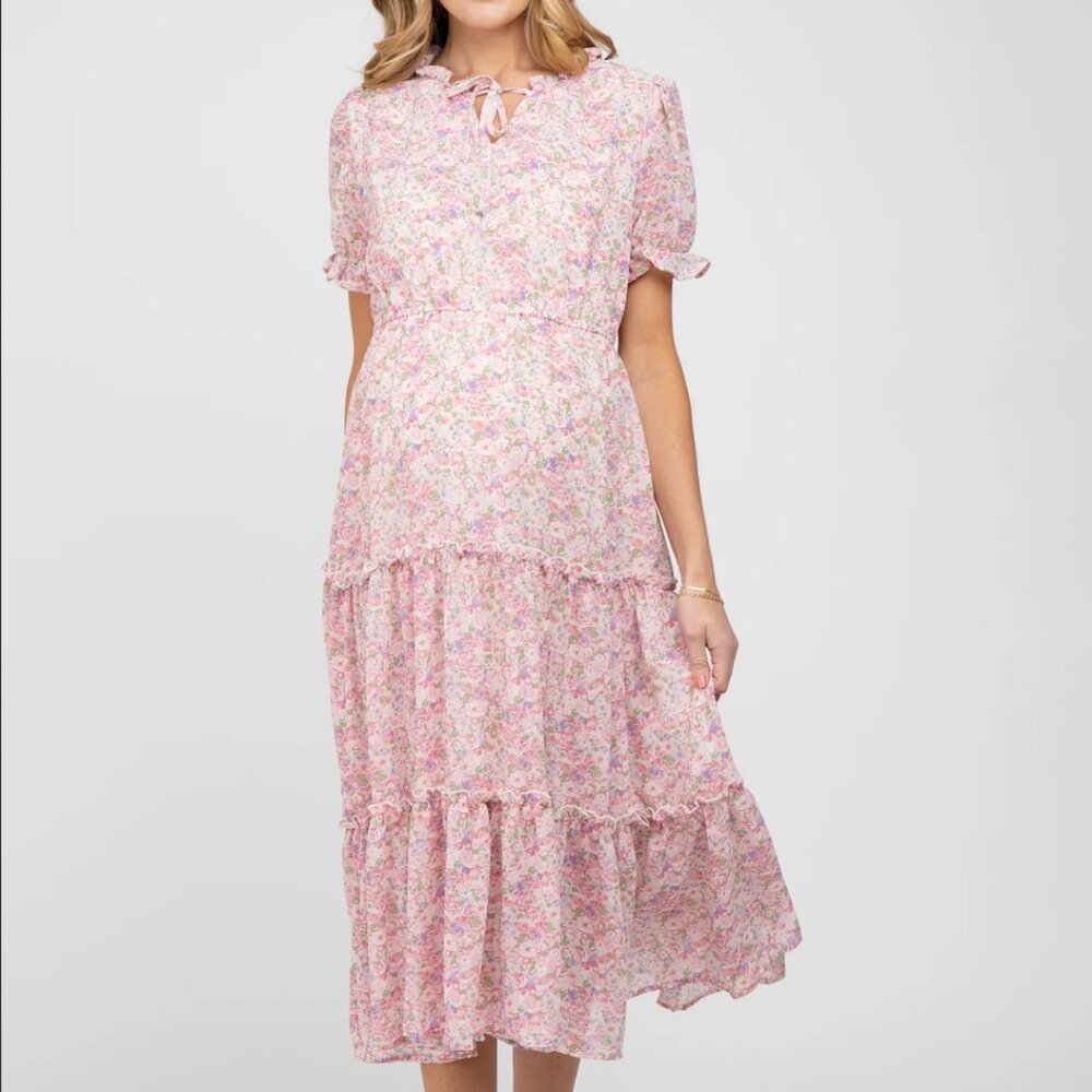Pink Floral Ruffle Tiered Maternity Midi Dress Size Small